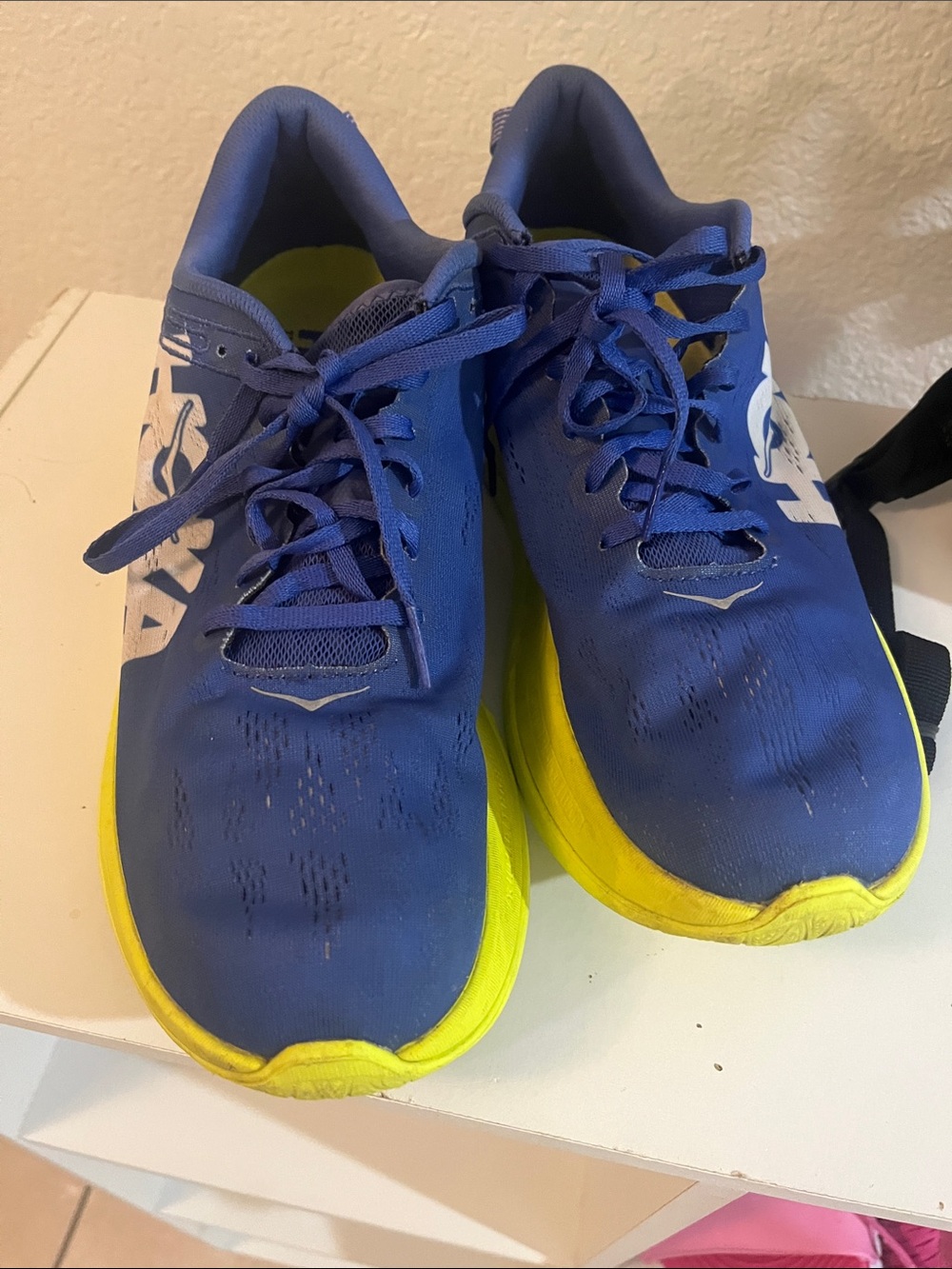Hoka Blue Running Shoes with Neon Yellow Soles